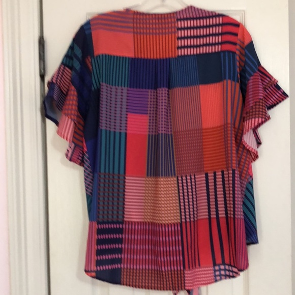 Umgee Multicolor Patchwork‎ Wrap Ruffle Sleeve Blouse Boho Small - Picture 6 of 6